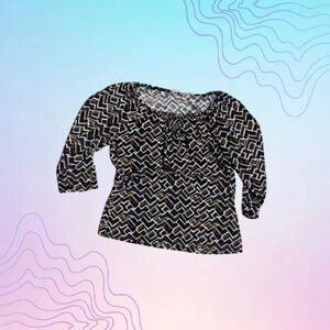 LIZ CLAIBORNE Petite Medium Black & Tan Geometric Peasant Blouse